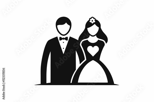 vector illustration of a silhouette of a loving couple, Wedding silhouette figures of newlyweds. Heart Shape Line Art. Vector illustration. Simple vector wedding couple silhouettes.