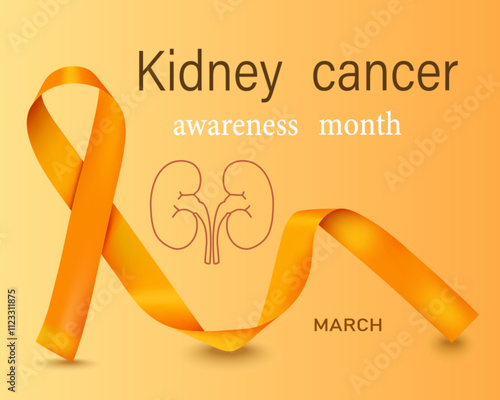Banner, postcard, poster about kidney cancer with vector 3d realistic orange ribbon on an orange background. The symbol of Kidney Cancer Awareness Month. The concept of World Kidney Cancer Day