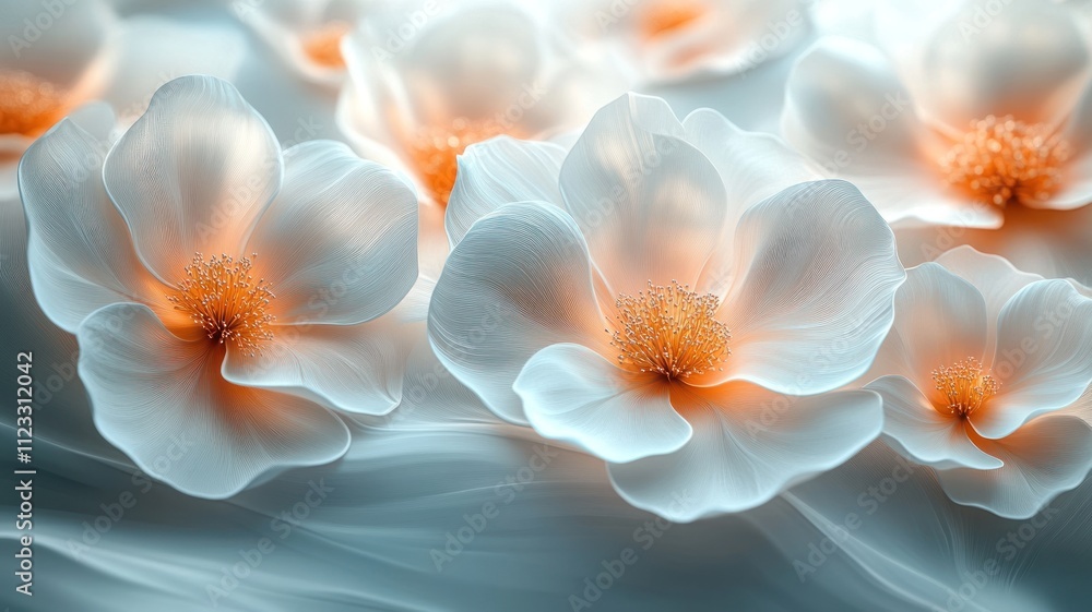 Fototapeta premium Delicate white flowers with soft orange centers on a light background.