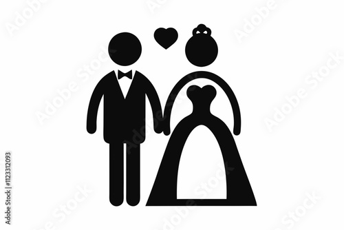 vector illustration of a silhouette of a loving couple, Wedding silhouette figures of newlyweds. Heart Shape Line Art. Vector illustration. Simple vector wedding couple silhouettes.