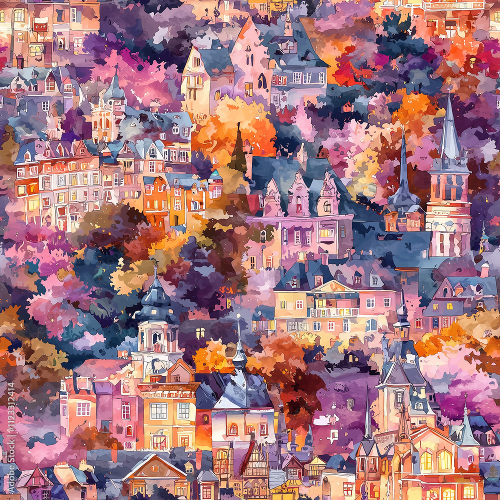 A vibrant watercolor painting of a hilly town, showcasing charming buildings amidst autumn foliage in rich hues of purple, orange, and yellow. A vibrant watercolor painting of a hilly town, showcasing charming buildings amidst autumn foliage in rich hues of purple, orange, and yellow.