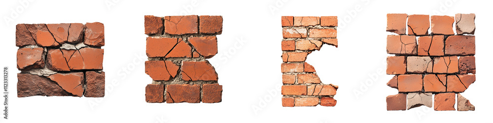 Fototapeta premium Collection of crumbling weathered and distressed brick wall textures in various states of decay damage and destruction Grunge grungy industrial and rustic backgrounds with rough