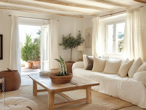 A cozy and minimalist living room with a rustic wooden coffee table, complemented by neutral-toned furniture. Light