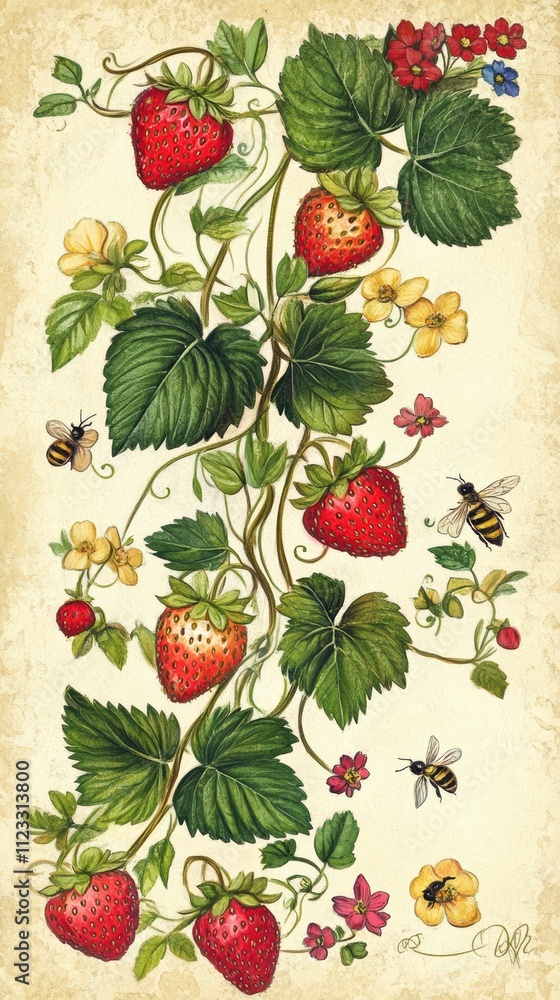 Watercolor illustration of strawberries wildflowers and bees Watercolor illustration of strawberries wildflowers and bees