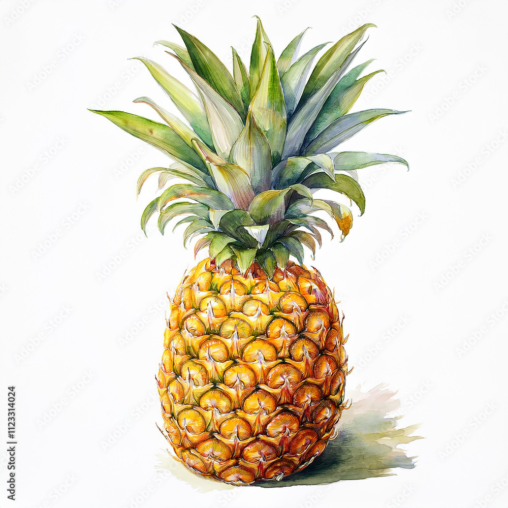 Fototapeta premium Watercolor painting of fresh pineapple isolated on white backdrop. Tropical fruit. Aquarelle art.