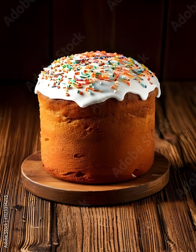  Golden-brown kulich on a rustic wooden table, decorated with white glaze and colorful sprinkles. photo