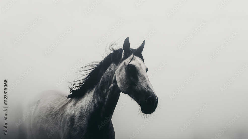 Obraz premium Grey Horse in Foggy Field Equestrian Photography Animal Portrait