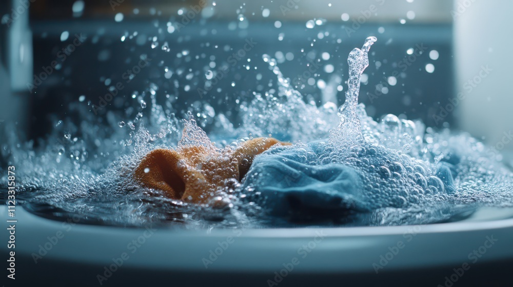 Fototapeta premium Washing machine or detergent with floating clothes under water with bubbles and wet splashes --ar 16:9 --s 250 --style raw
