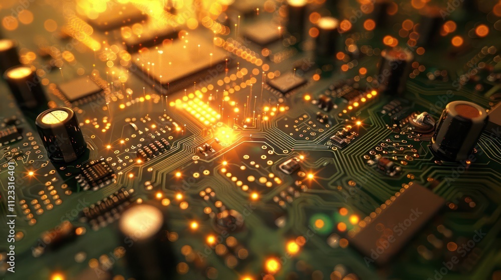 Obraz premium Close-up view of a circuit board with glowing components and intricate pathways.