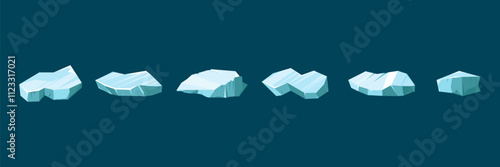 Iceberg. Floating glaciers, ice cubes and blocks. Arctic and Antarctic landscape elements. Icy crystal rocks in cold water. Winter decorative objects. Vector cartoon flat style isolated illustration