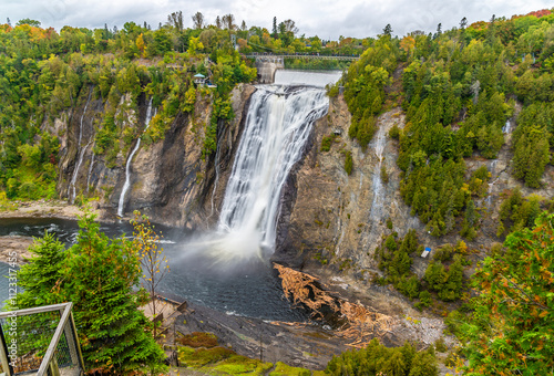 A view from the side of the regression channel towards the Montmorency falls near Quebec City, Canada in the fall