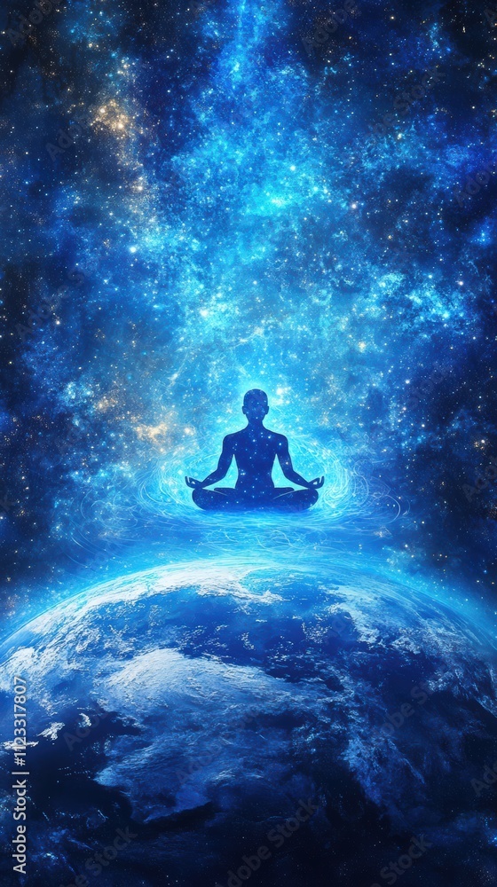 Fototapeta premium Celestial figure meditating above earth in cosmic scene
