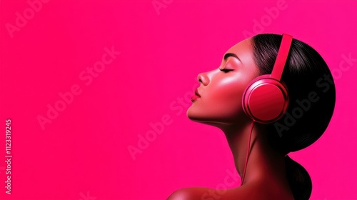 Side profile of a woman with her eyes closed, wearing pink headphones against a bright pink background