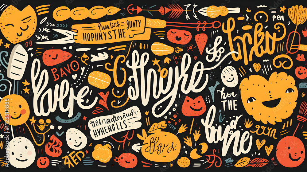 Obraz premium Vibrant hand-drawn illustration featuring playful characters and quirky lettering in a mix of warm colors against a dark background. A joyful and expressive design.