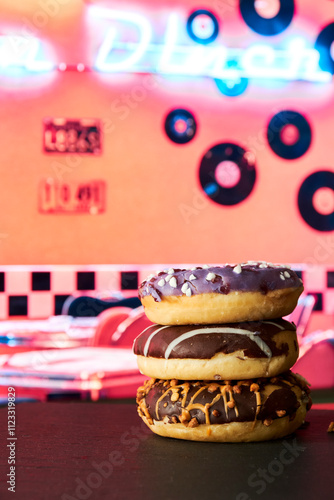 row of donuts in an American bar