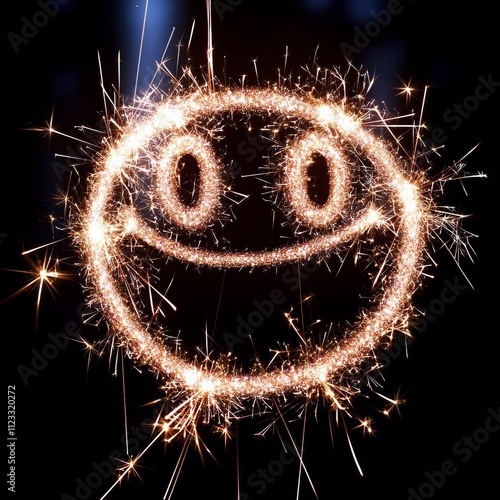 Happy weird smiling smiley drawn with sparkles isolated on black , isolated on white background,  , copy space, copy space for text, photo