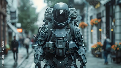 A man in a space suit is walking down a street with a backpack