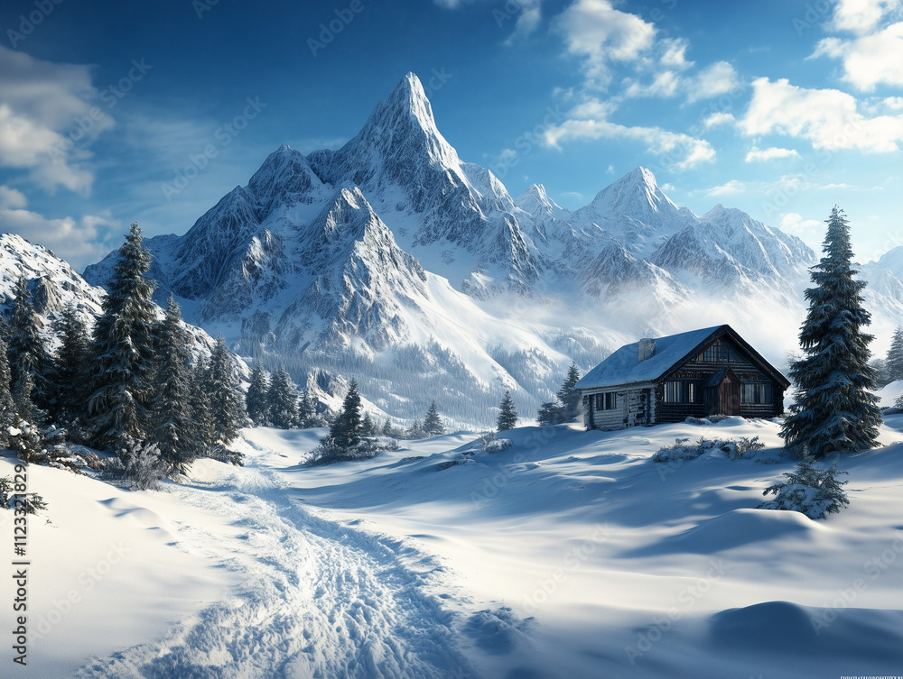 Fototapeta premium A snowy mountain landscape with a ski resort in the distance.