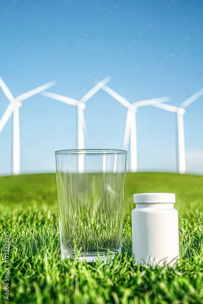 A glass of water is sitting on a grassy field next to a bottle of pills A glass of water is sitting on a grassy field next to a bottle of pills