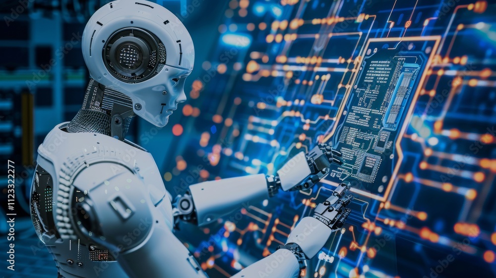 Fototapeta premium High-tech robot with bitcoin, concept of cryptocurrency and artificial intelligence
