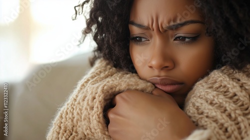Thoughtful young black woman wrapped in beige knit blanket looking worried