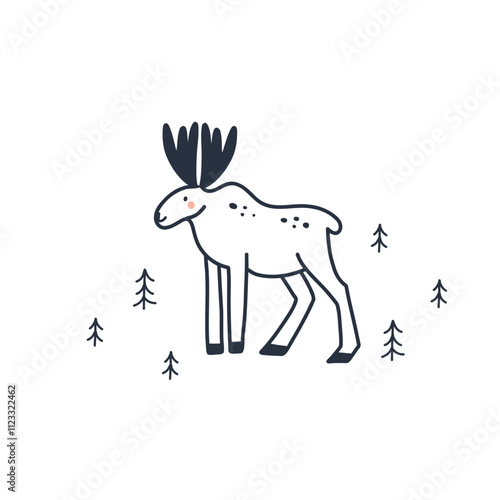 Arctic animal. Doodle Forest elk. Northern cute inhabitant. Character in snow forest. T-shirt print, card or poster. Childish and baby decorative cute cartoon flat isolated north fauna illustration