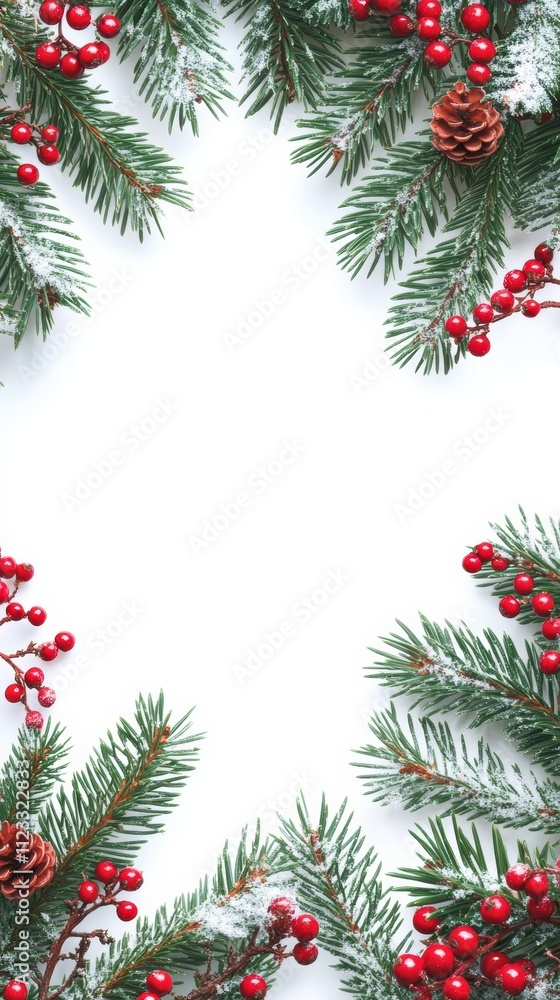 Christmas border with pine snow and red berries on white background Christmas border with pine snow and red berries on white background