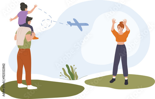 Family waving goodbye to departing airplane, mother raising hands and child sitting on father s shoulders watching plane flying away, concept of travel and family vacation