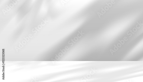 White Background with Shadow on Studio Room for Product Presentation,Vector Light Overlay on Wall Grey Texture Surface,Light Effect from Window and Tree with Nature Line Pattern for Spring,Summer