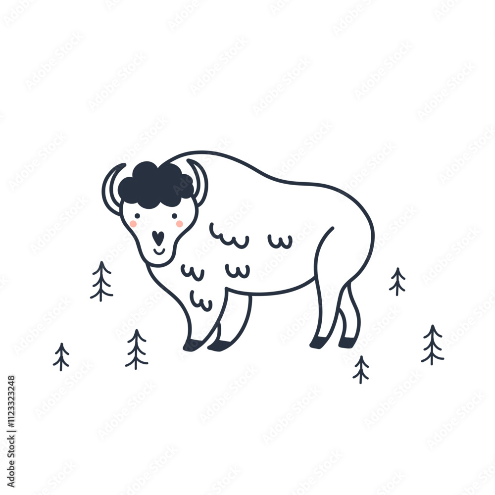 Obraz premium Arctic animal. Forest bison. Northern cute inhabitant. Character in snow. T-shirt print, card or poster. Childish and baby decorative cute cartoon flat isolated north wildlife fauna illustration