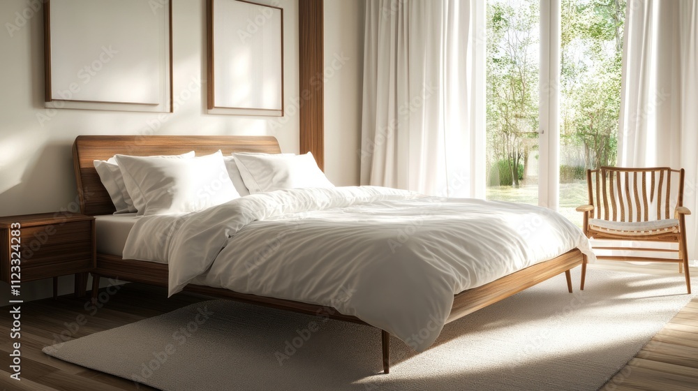 Fototapeta premium Modern Bedroom with White Bedding and Wooden Accents