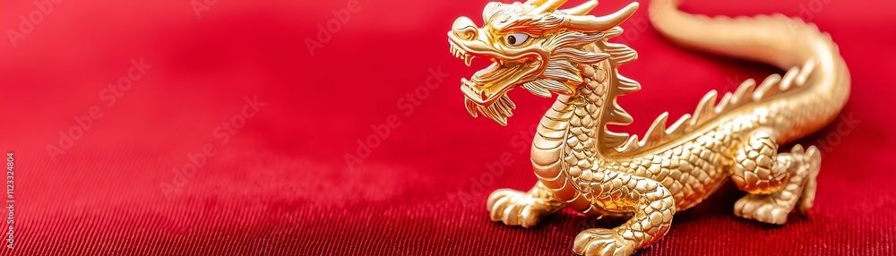 Fototapeta premium A professional studio shot of a golden dragon figurine, isolated on a rich red velvet background, with precise lighting enhancing its intricate carvings and metallic shine