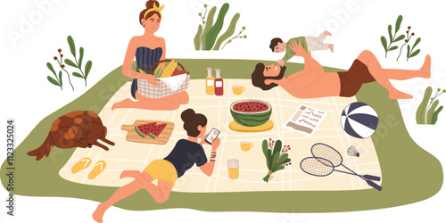 Family relaxing on picnic blanket, eating watermelon and other fresh food, playing badminton, using phone, and taking care of baby and dog, enjoying summer day outdoor