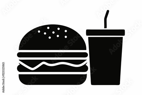 Fast Food icon vector, burger and drink silhouette, eating and drinking icon. Burger and drink bottle icon collection. Vector illustration.