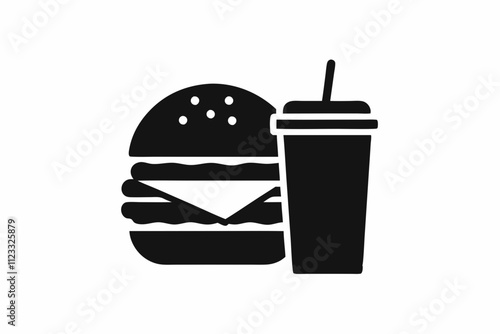 Fast Food icon vector, burger and drink silhouette, eating and drinking icon. Burger and drink bottle icon collection. Vector illustration.