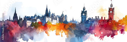 Edinburgh Skyline Watercolor Illustration - Vibrant watercolor painting of Edinburgh, Scotland skyline, featuring iconic buildings, city landscape, and artistic splashes.