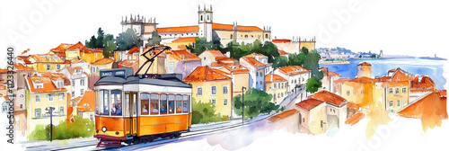 Lisbon Tram Watercolor Illustration - Charming watercolor painting of a Lisbon tram traversing a picturesque cityscape, showcasing vibrant buildings, hills, and a waterfront view. Evokes travel, histo