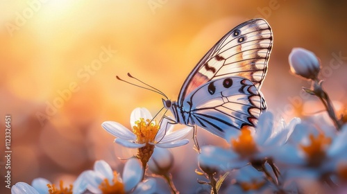 A vibrant Melanargia lachesis butterfly gracefully perches on delicate white flowers, illuminated by soft golden sunlight during dusk photo