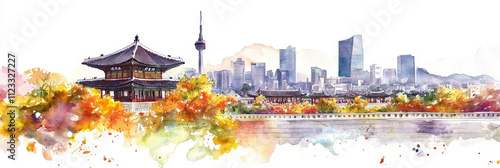Seoul Skyline Watercolor: Autumn in the City - Watercolor painting of Seoul, South Korea, showcasing autumn foliage, traditional architecture, and modern skyscrapers.  Captures beauty, heritage, and m