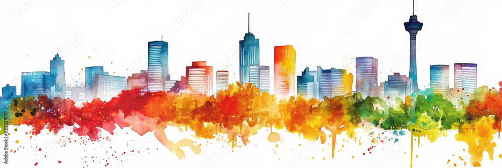 Fototapeta premium Vibrant Watercolor Johannesburg Skyline - Colorful watercolor painting of Johannesburg skyline, South Africa. Cityscape, urban, architecture, vibrant, art.