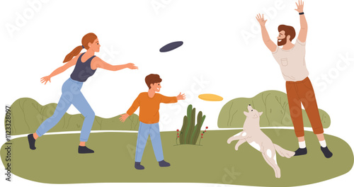 Family enjoying quality time together, playing frisbee with their dog in a lush green park, fostering strong bonds and promoting active outdoor fun during sunny days