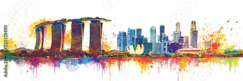Vibrant Watercolor Skyline of Singapore - Stunning watercolor illustration of Singapore's iconic skyline, featuring Marina Bay Sands, skyscrapers, and the city's vibrant energy. Captures architecture