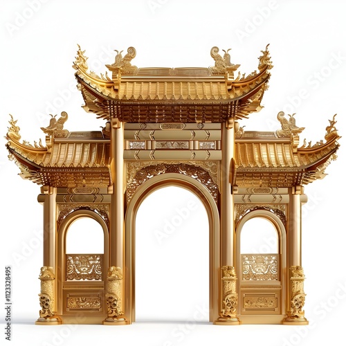 A gold archway with intricate designs and a gold roof