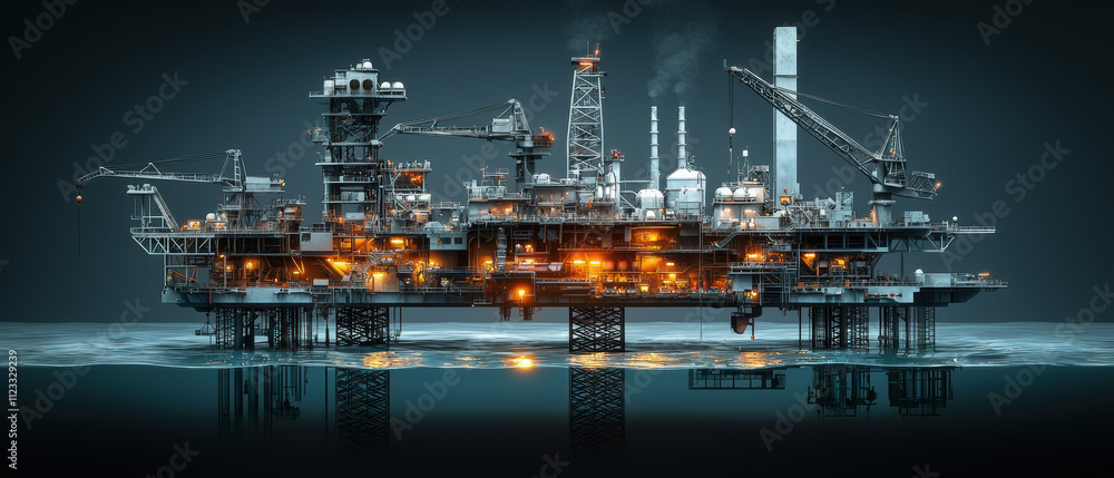 Obraz premium detailed photograph of offshore oil rig night, showcasing its illuminated structures and machinery. scene captures industrial atmosphere and