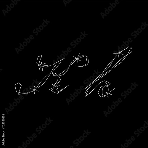 letter K Barbed wire hand drawing vector isolated on black background.