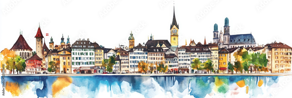 Fototapeta premium Watercolor Panorama of Zurich, Switzerland - Charming watercolor illustration of Zurich's skyline, reflecting city life, Swiss architecture, lake views, vibrant colors, and picturesque charm.