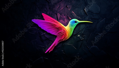 Bright 3D hummingbird logo in colorful hues, flying through a dark, textured backdrop. Ultra high resolution vector illustration.