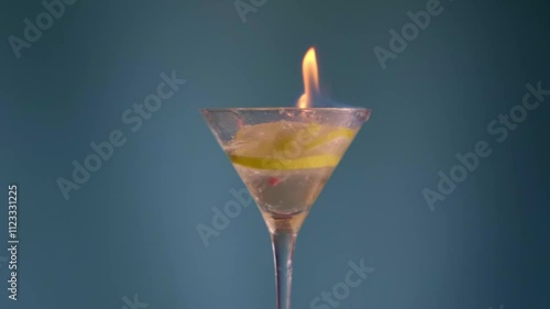 Fire alcohol in a Champagne flute to illustrate the party