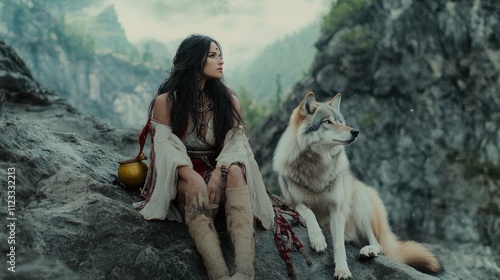 Native american woman sitting with her wolf companion in the mountains photo