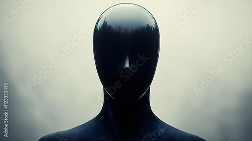 Abstract black mannequin with a glossy surface against a neutral misty background.